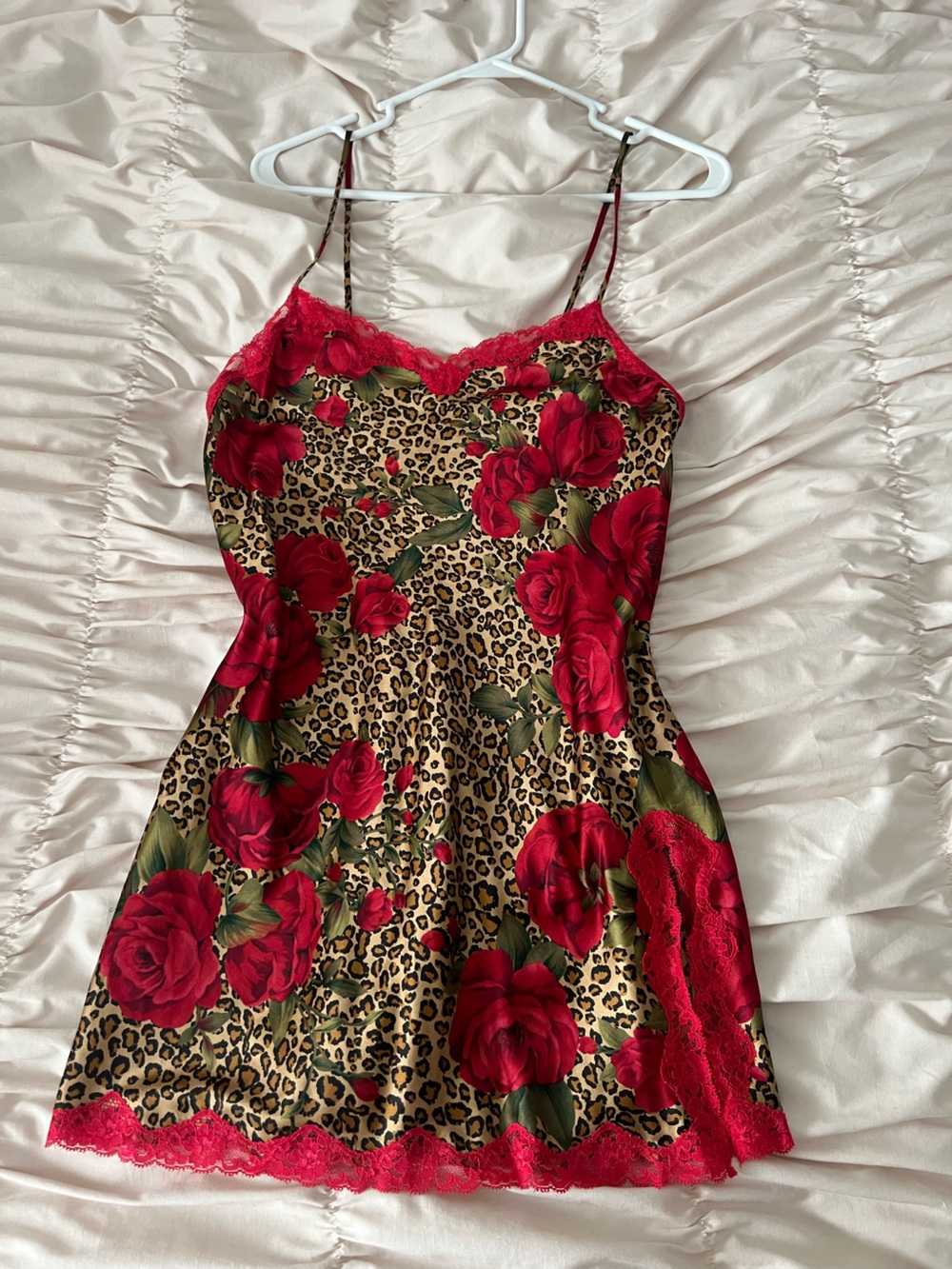 Victoria’s Secret Red Rose Leopard Satin Slip Dress